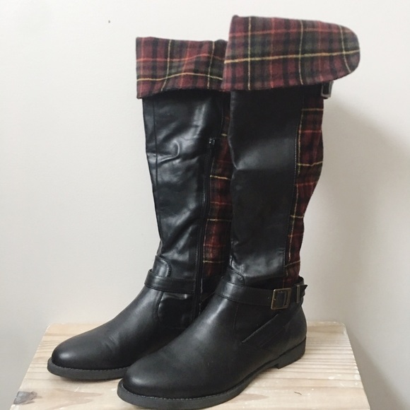 red plaid knee high boots